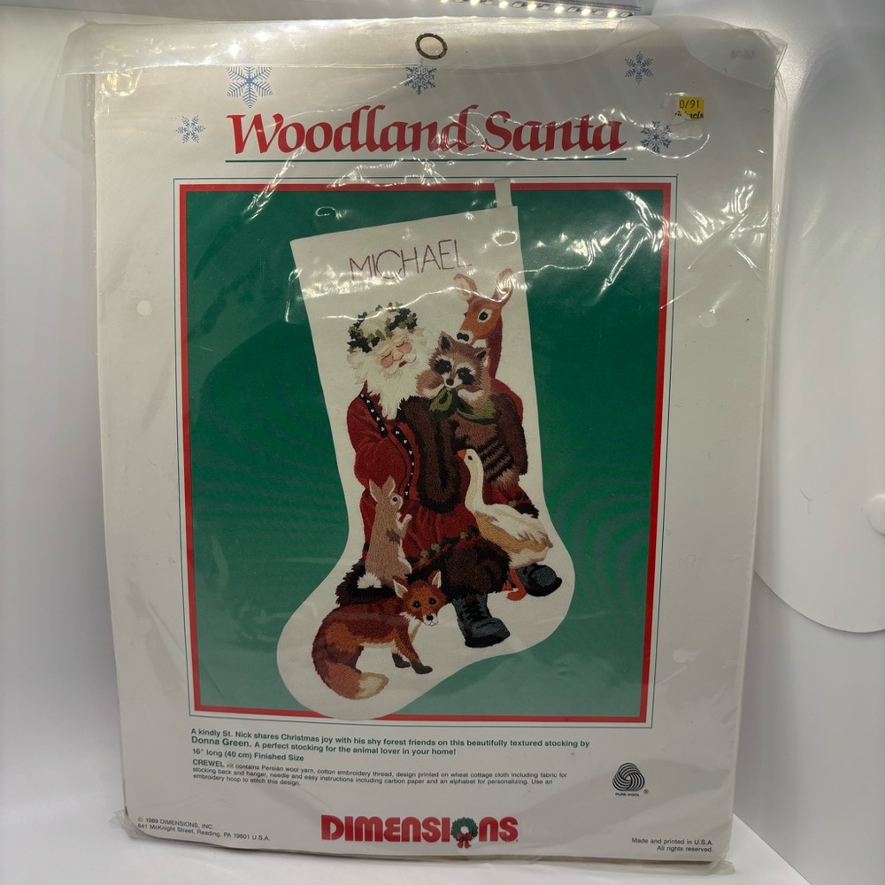 Dimensions Crewel Woodland Santa Christmas Stocking Kit 8069 Deer Fox Bunny 1989